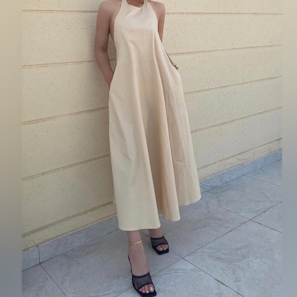 Zara Dress Size M Maxi Halter Dress Cotton- Cream Tan NWT - Picture 7 of 13